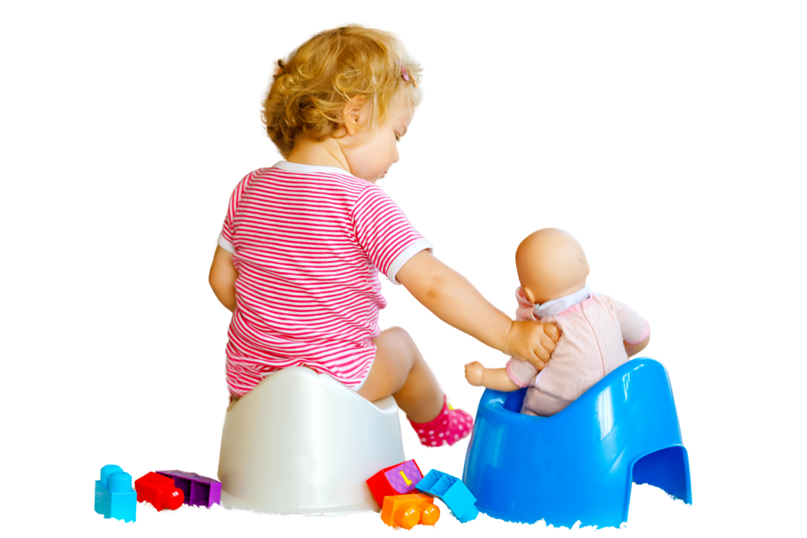 Close-up of cute little 12 months old toddler baby girl child sitting on potty. Kid playing with doll toy. Toilet training concept. Baby learning, development steps